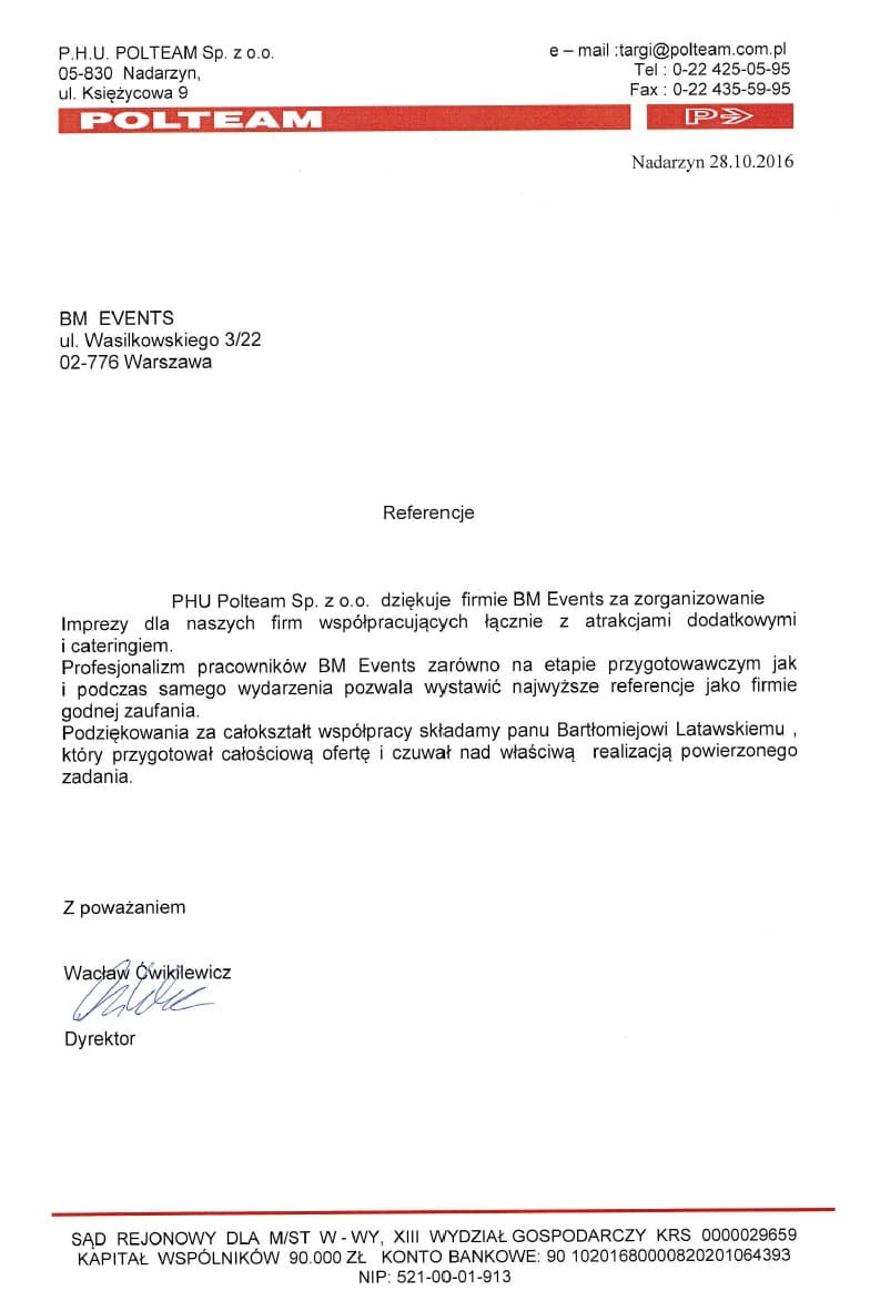 List referencyjny — Aventics Sp. z o.o.
